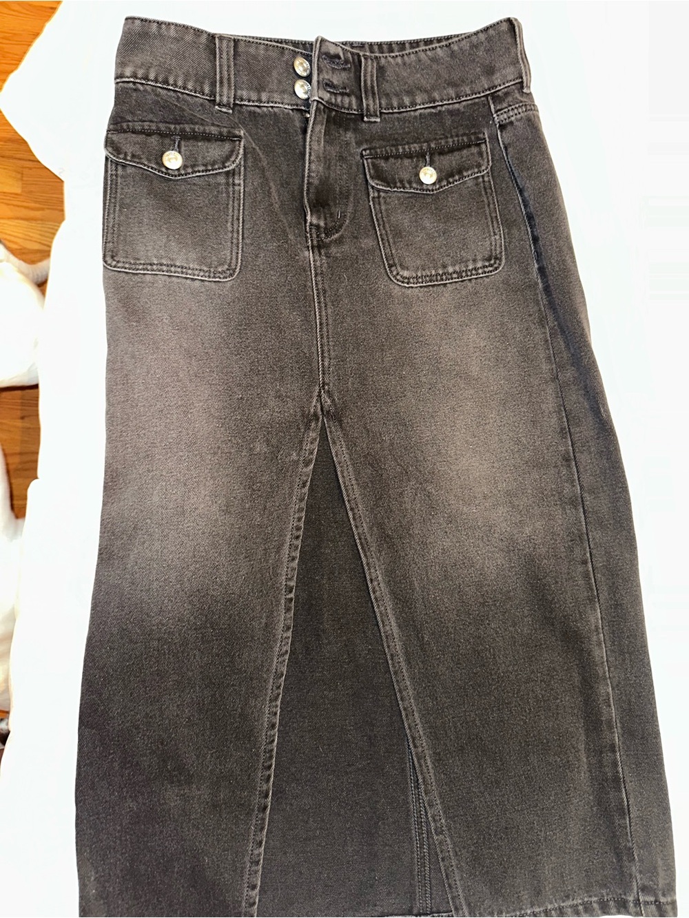 Free People Washed Black Denim Midi Skirt with Front Slit
